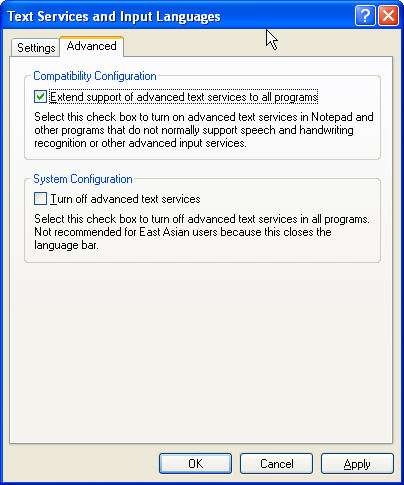 The Text Services and Input Languages dialog box