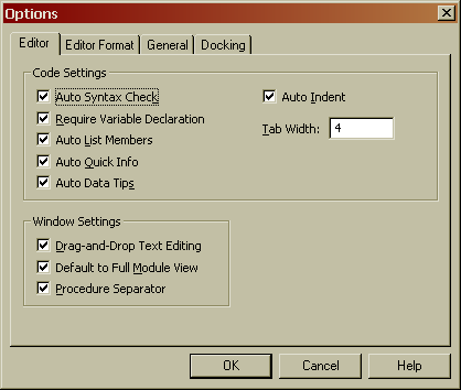 visual basic editor options dialog box