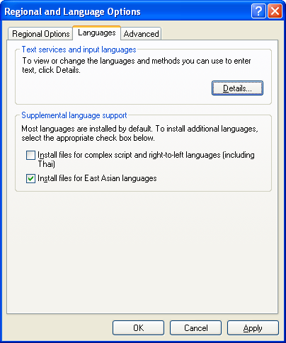 The Regional and Language Options dialog box
