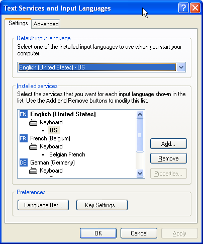 The Text Services and Input Languages dialog box