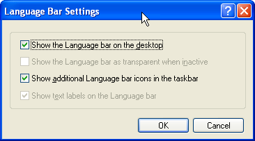 The Language Bar Settings dialog box